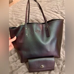 Coach “Mermaid” green/purple Iridescent Tote and matching clutch purse/wallet!!